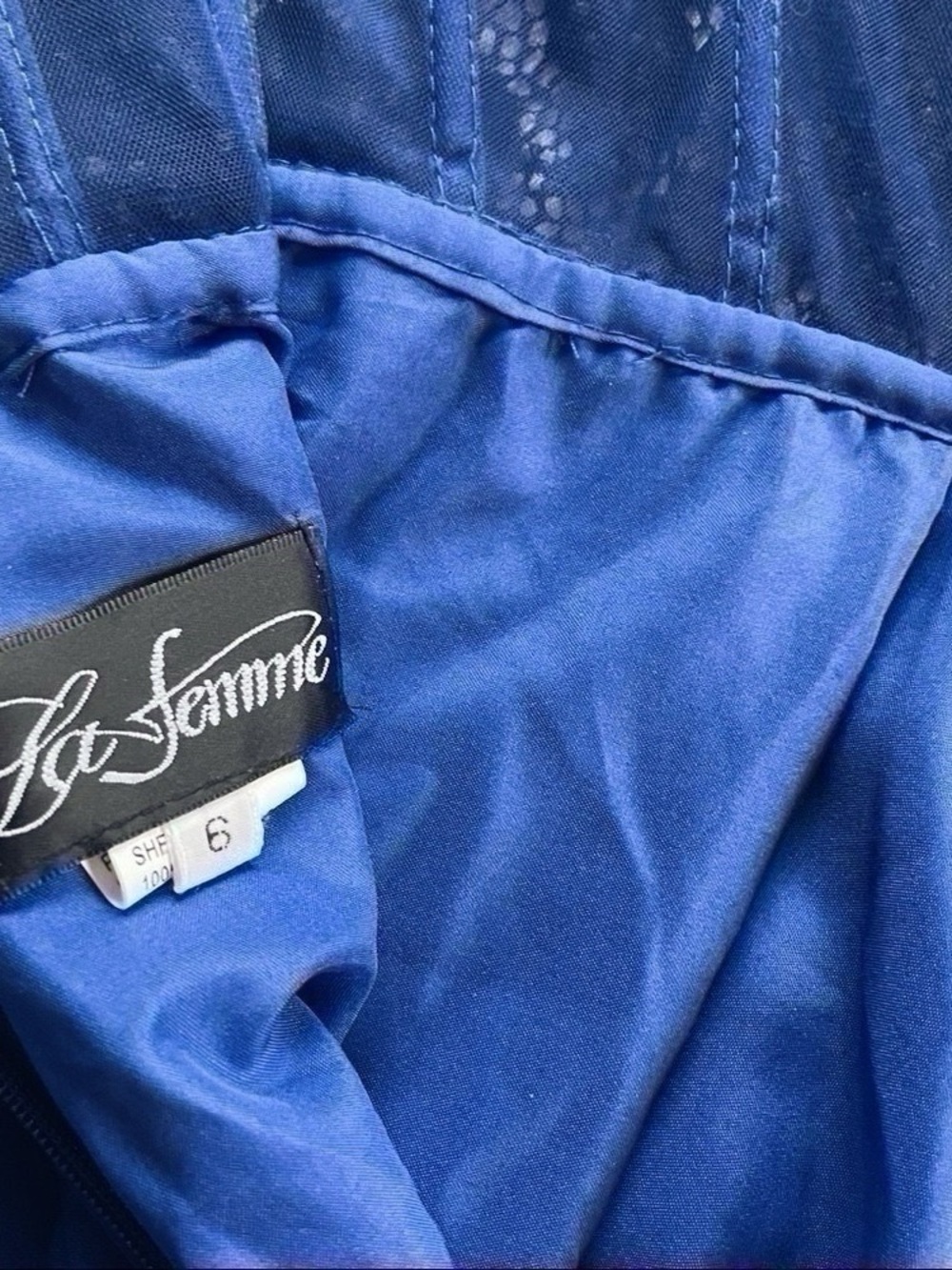 NEW La Femme Women’s Sparkle Lace Chiffon Gown Marine Blue 28664 - Picture 13 of 14